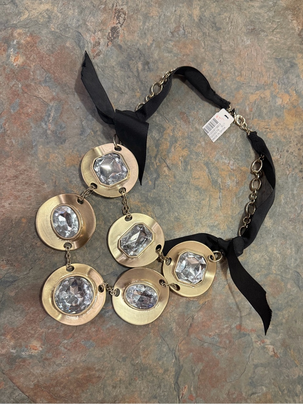 WHBM Gold-Tone Disc Necklace with Clear Gemstones and Black Ribbon